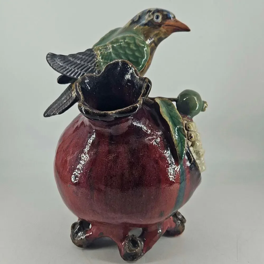 Vintage Chinese Shiwan Boyun Pottery bird on pomegranate Vase 11